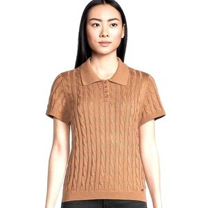 SCOTT & STERLING Cable Knit Short Sleeve Polo Sweater, tan